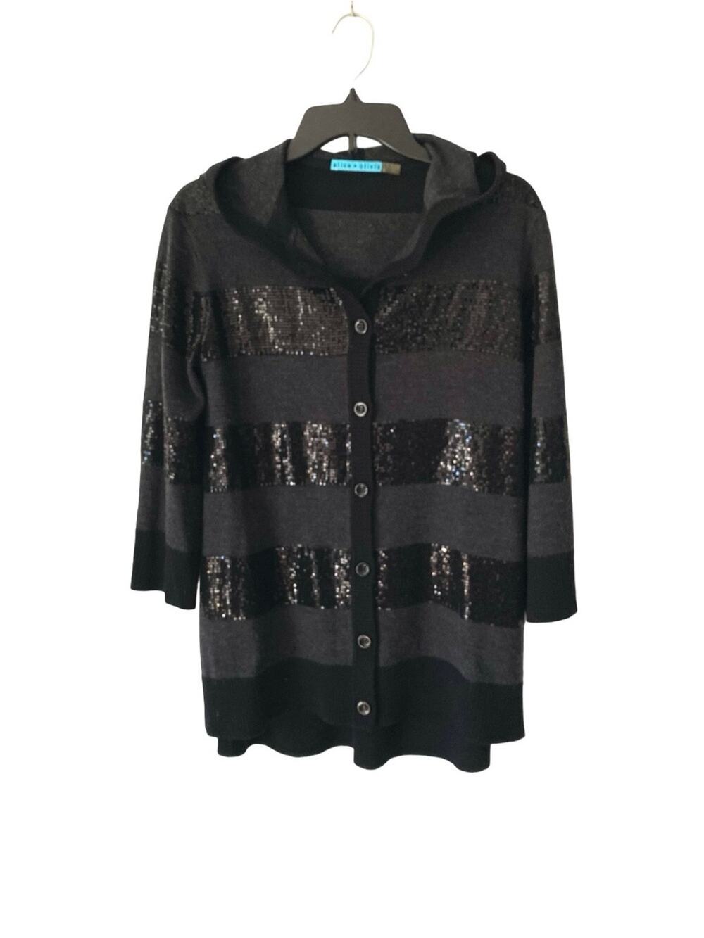 Alice + Olivia Wool Sequin Charcoal Gray Black Hooded Cardigan Sweater small